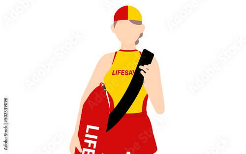 女性ライフセーバーのポーズ、ライフガードチューブを持ってパトロール