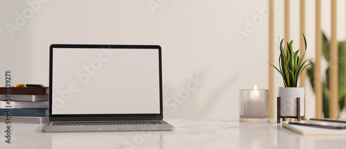 Close-up, Modern white table workspace with laptop computer © bongkarn