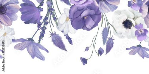 Seamless border with purple watercolor flowers isolated on white background