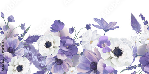 Seamless border with purple watercolor flowers isolated on white background