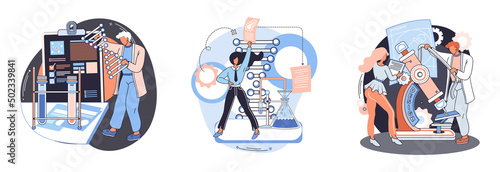 Medical research. Laboratory diagnostic services, medical device design development scenes metaphor. Scientists in hemistry clinic laboratories, microbiology pharmaceutical research. Vaccine discovery