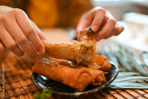 Female eating crispy deep fried vegetable spring rolls.