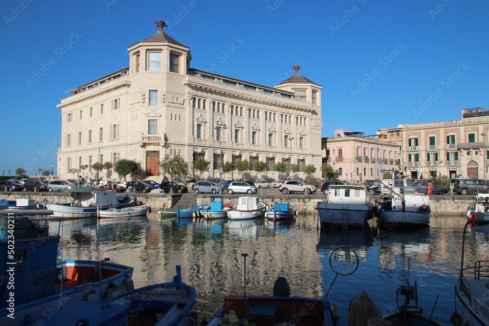 marina, quays and buildings in syracusa in sicily (italy) 