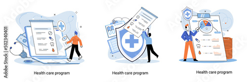 Health care program metaphor, online medical services, protection medicine. Medical insurance, hospital services, preventive check up, sick leave certificate treatment diagnosis patients, telemedicine