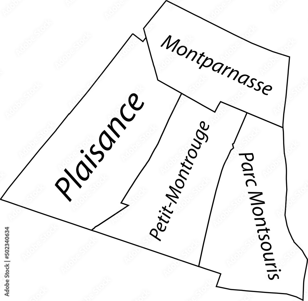 White flat vector administrative map of the 14TH ARONDISSEMENT (DE L'OBSERVATOIRE), PARIS, FRANCE with name tags and black border lines of its quarters White flat vector administrative map of the 14TH ARONDISSEMENT (DE L'OBSERVATOIRE), PARIS, FRANCE with name tags and black border lines of its quarters