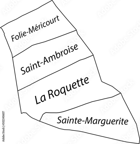 White flat vector administrative map of the 11TH ARONDISSEMENT (DE POPINCOURT), PARIS, FRANCE with name tags and black border lines of its quarters photo