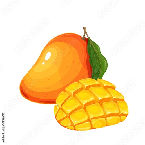 Whole mango with leaf and half mango sliced to cubes. Dessert tropical fruit vector illustration.