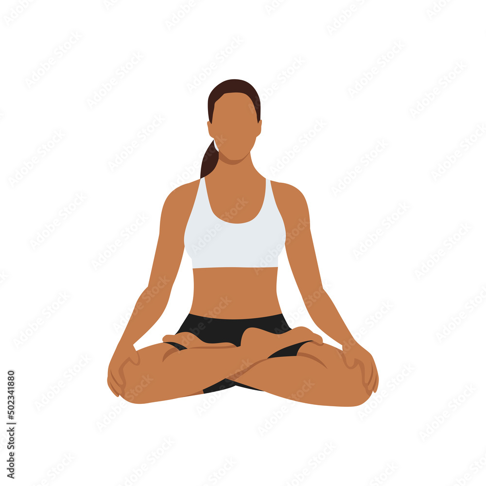 Woman doing lotus pose padmasana exercise. Flat vector illustration isolated on white background Woman doing lotus pose padmasana exercise. Flat vector illustration isolated on white background