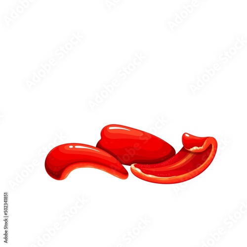 Heaps red bell pepper sliced. Chopped red pepper, pieces vegetable for cooking food, vector illustration.