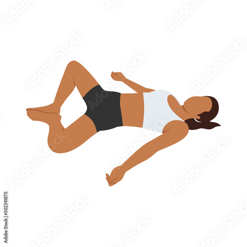 Woman doing reclining bound angle pose Gupta buddha konasana exercise. Flat vector illustration isolated on white background