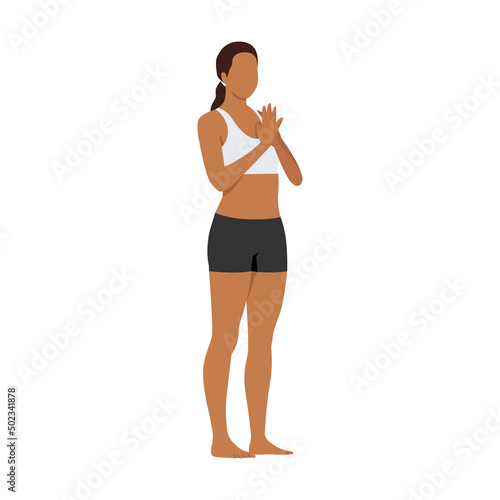 Woman doing mountain pose tadasana exercise. Flat vector illustration isolated on white background