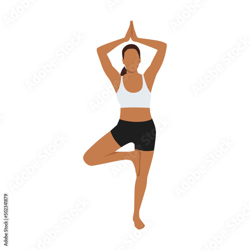 Woman doing tree pose vrksasana exercise. Flat vector illustration isolated on white background