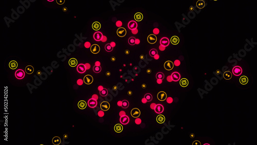 Animation of seamless loop. Animation. Abstract animation of multicolored neon social media network emojis icons rotating in spiral on the black background.