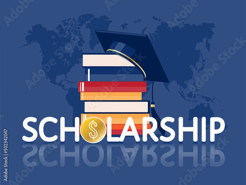 Scholarship for international students, master, PhD, flat vector concept. Text at  stack of books, graduate hat, dollar coin, world map. For landing page, template, ui, web, mobile app, poster, banner