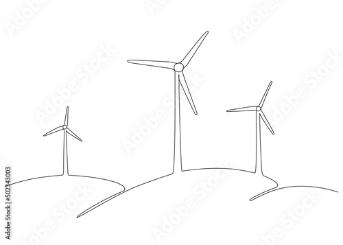 Wind mill, wind generator energy, single continuous line art drawing. Windmill tower save ecology green energy electricity. Hilly landscape with generate wind turbines. Vector one outline illustration