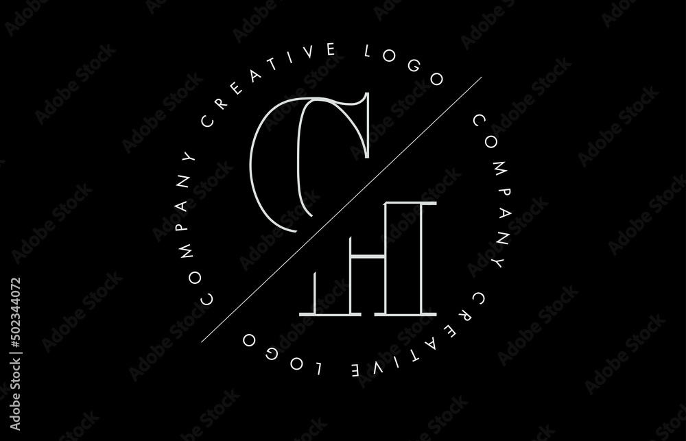 White Outline CH c h Letter Logo with Cut and Intersected Design and circled frame on black background. White Outline CH c h Letter Logo with Cut and Intersected Design and circled frame on black background.