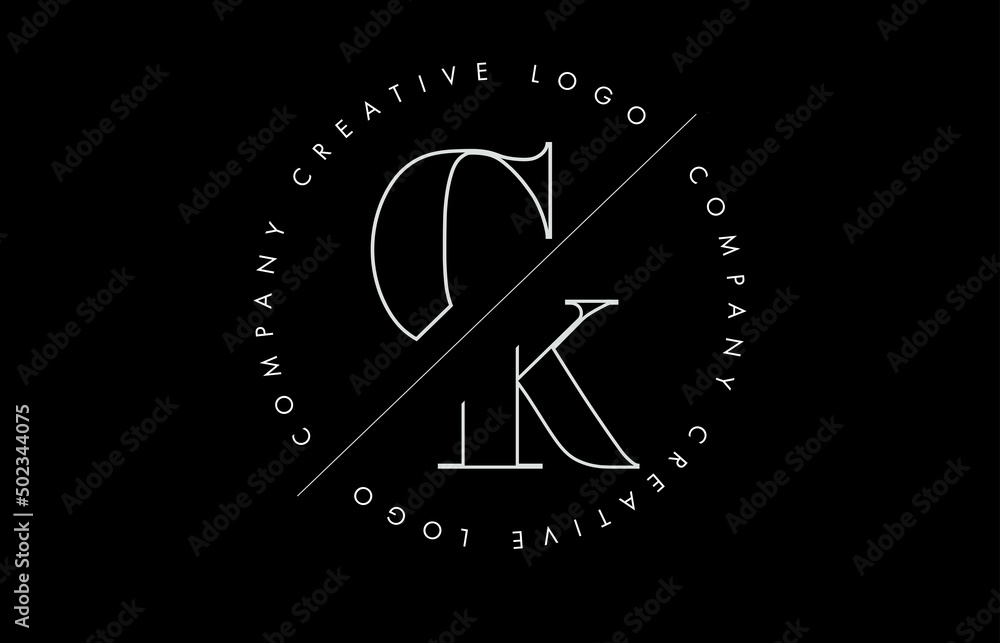 White Outline CK c k Letter Logo with Cut and Intersected Design and circled frame on black background. White Outline CK c k Letter Logo with Cut and Intersected Design and circled frame on black background.