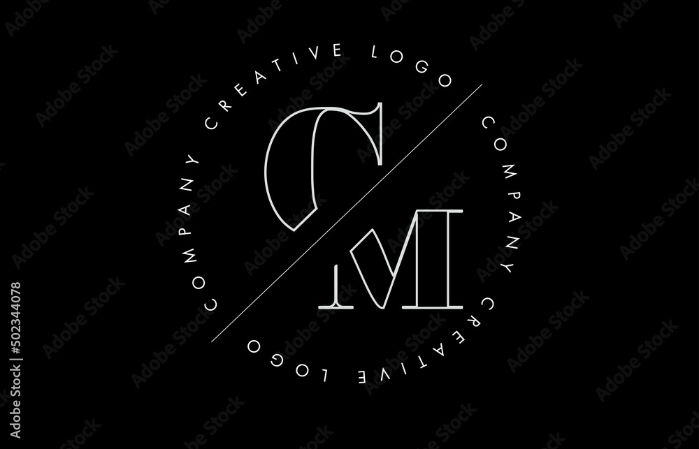 White Outline CM c m Letter Logo with Cut and Intersected Design and circled frame on black background. White Outline CM c m Letter Logo with Cut and Intersected Design and circled frame on black background.