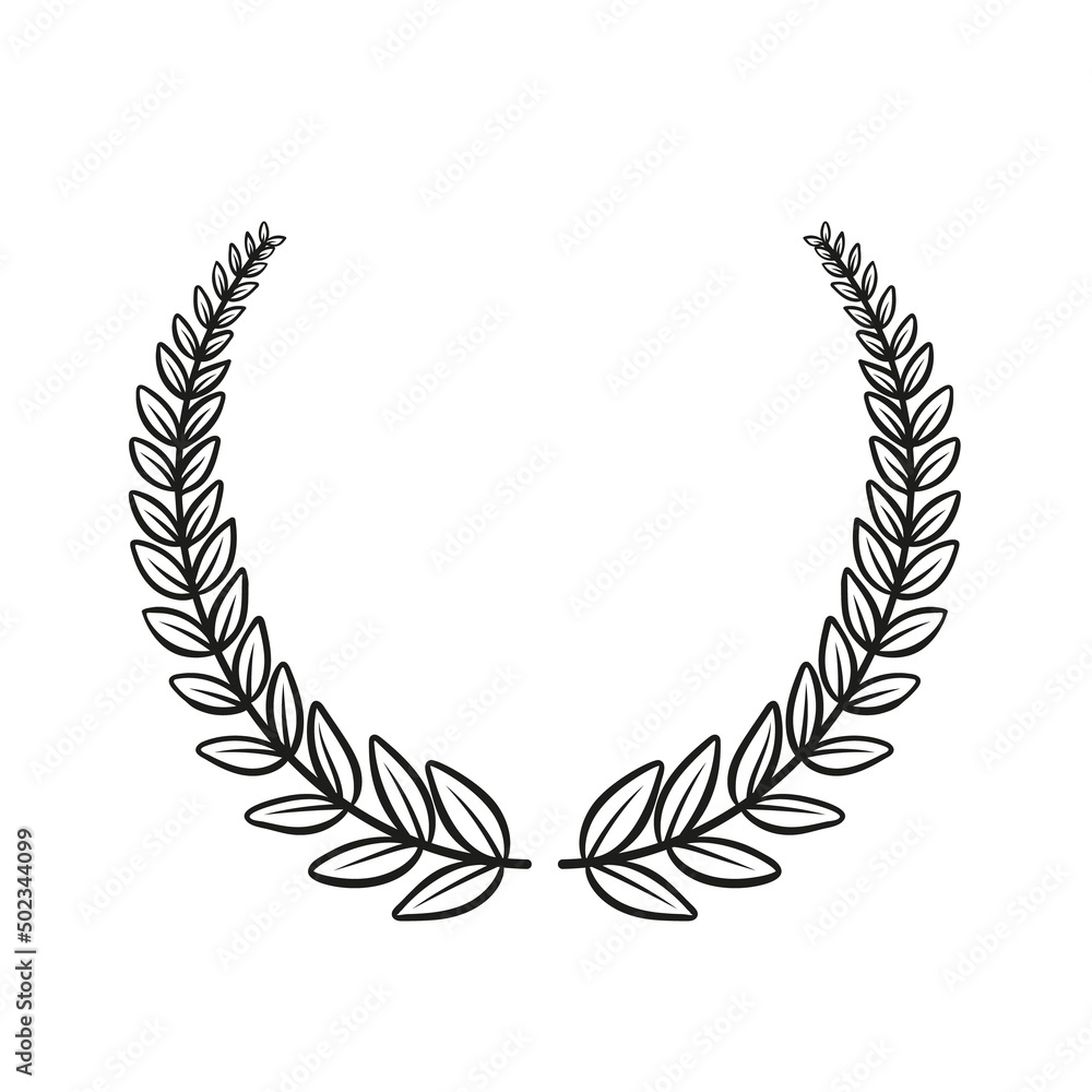 Laurel wreath, outline icon. First place winner, award, laurus. Drawn monochrome frame of triumph first place simple vintage engraving style. Vector illustration.