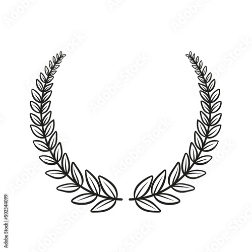Laurel wreath, outline icon. First place winner, award, laurus. Drawn monochrome frame of triumph first place simple vintage engraving style. Vector illustration.