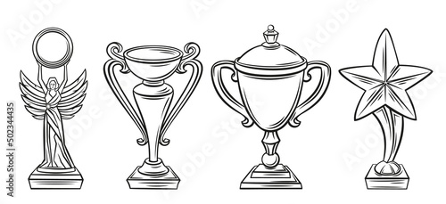 Cups award outline icons set. First place winner, trophy cup, sport award and goblet. Drawn monochrome cup statue high chalice first place. Vector illustration.