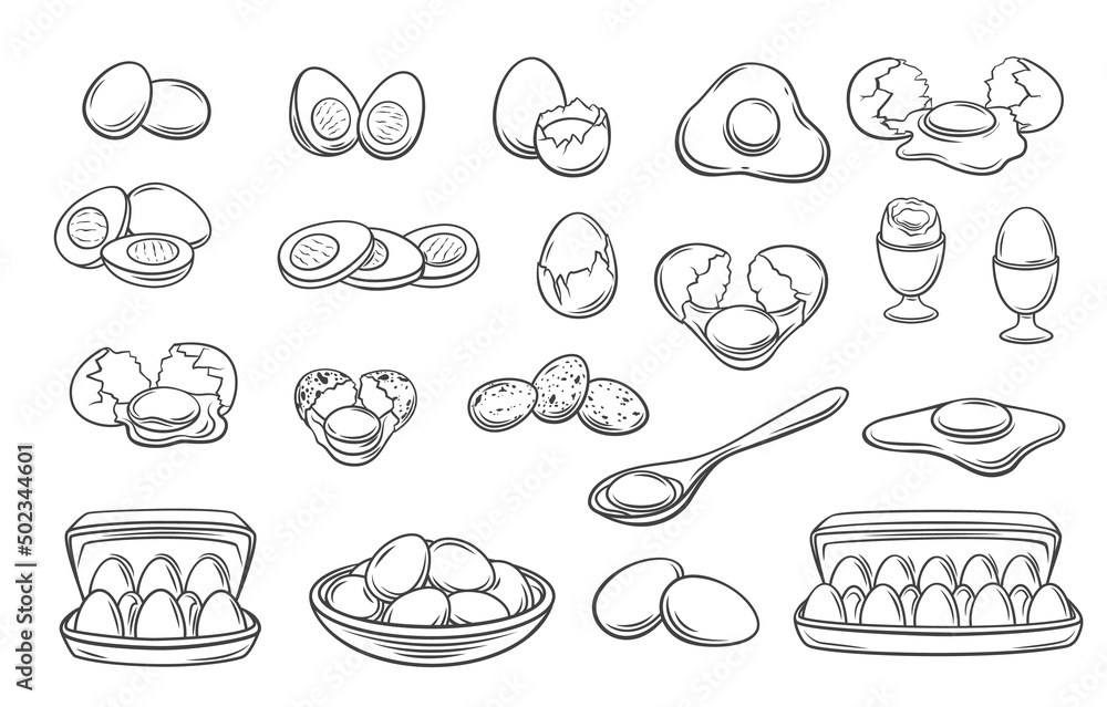 Fresh and boiled eggs, outline icons. Simple engraving broken chicken and  quail eggs with cracked eggshell, in cardboard box and in bowl, drawn  boiled eggs half and slices vector illustration. Stock Vector