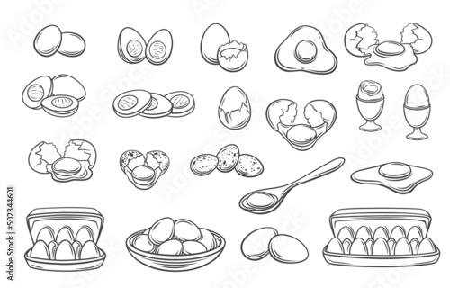 Fresh and boiled eggs, outline icons. Simple engraving broken chicken and quail eggs with cracked eggshell, in cardboard box and in bowl, drawn boiled eggs half and slices vector illustration.