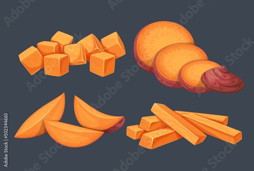Sweet potato. Batat cut circles, sliced to sticks. Yam sliced to cubes. Vector illustration of vegetable sweet potatoes.