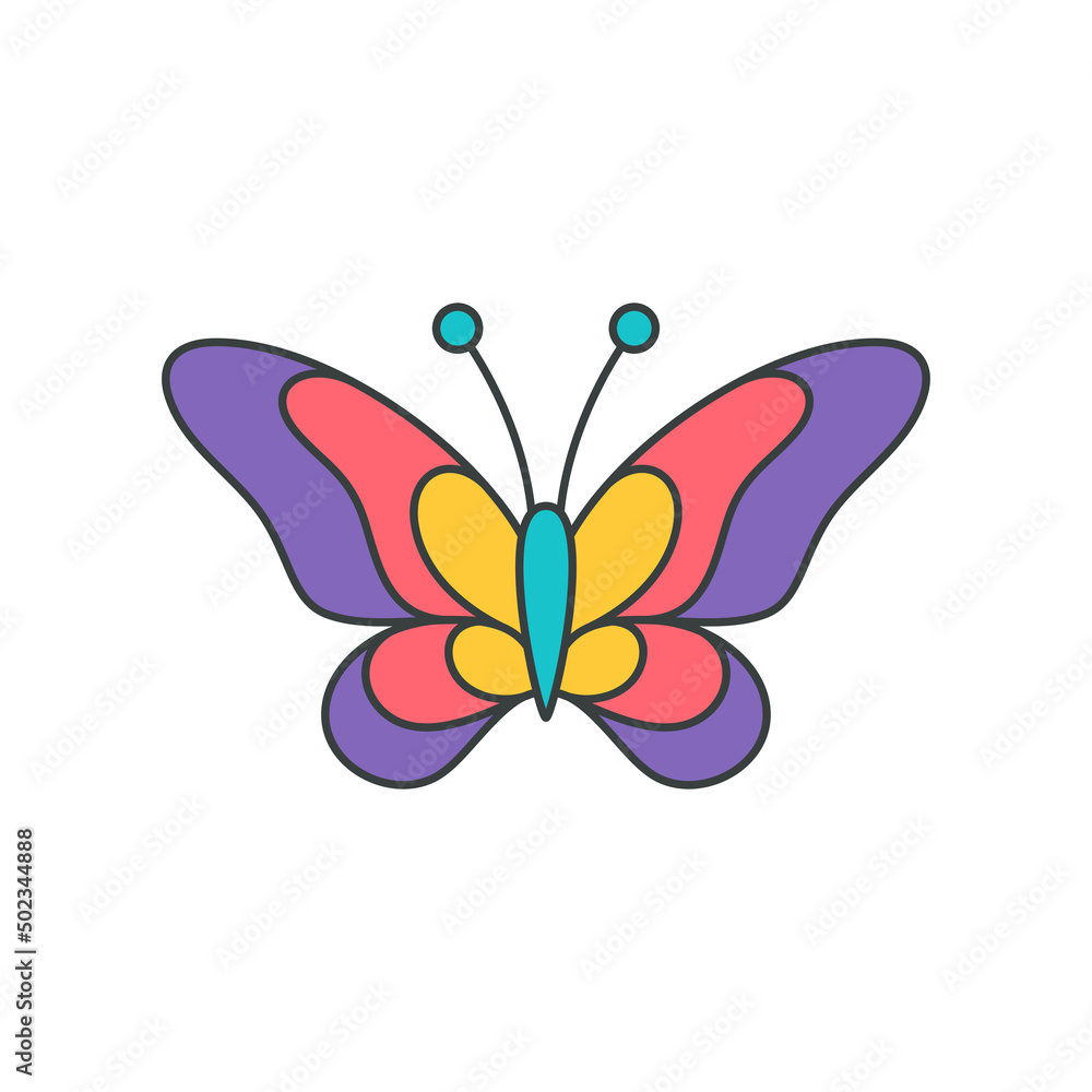 Bright multicolored butterfly winged psychedelic insect pop art groovy style t shirt print vector Bright multicolored butterfly winged psychedelic insect pop art groovy style t shirt print vector