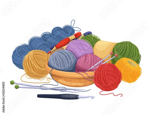 Clews and skeins of thread in basket, knitting needles and hook. Tools female hobby knitwork, handicraft, hand-knitting and crocheting. Vector illustration.