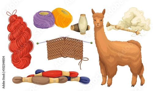 Knitting, wool scarf, wool with wooden spindle, alpaca and wool skeins. Wool knitting concept. Female hobby knitwork, handicraft, hand-knitting and crocheting. Vector illustration.