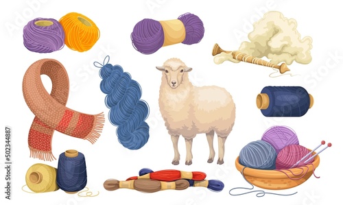 Knitting, merino scarf, wool with wooden spindle, merino sheep and wool skeins. Wool knitting concept. Female hobby knitwork, handicraft, hand-knitting and crocheting. Vector illustration.