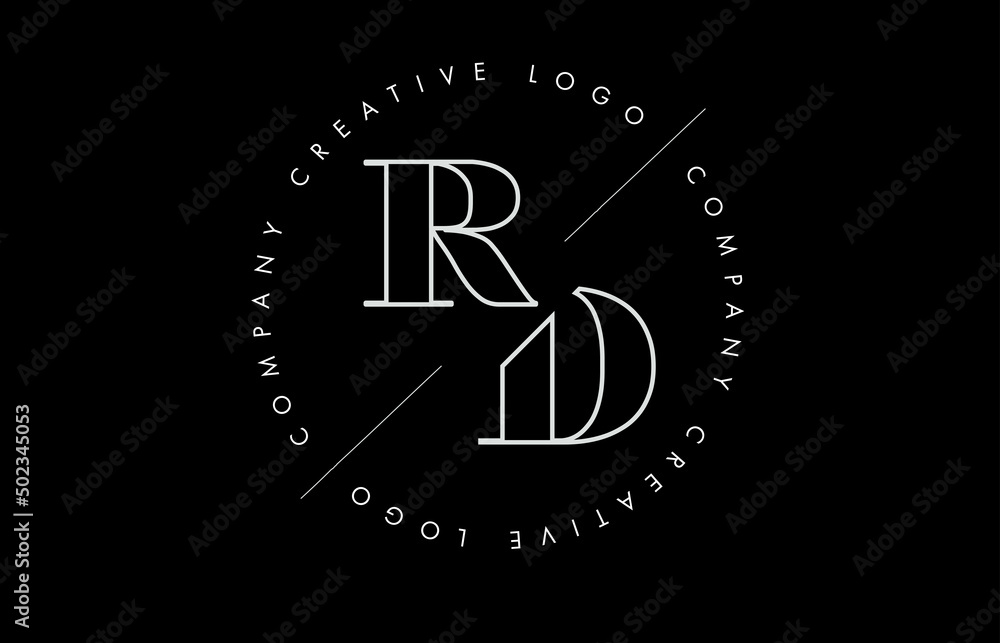 Outline RD r d letter logo with cut and intersected design and round frame on a black background. Outline RD r d letter logo with cut and intersected design and round frame on a black background.
