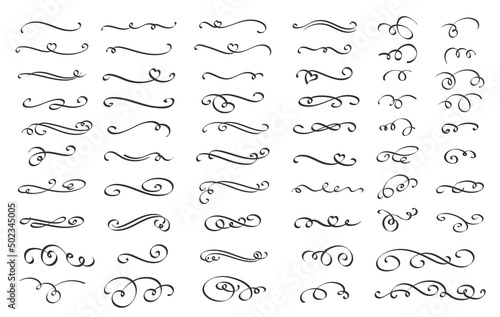 Swirls or scrolls, vintage flourishes, stroke and curls. Calligraphic line, wedding dividers text and calligraphy ornament ink design elements. Swishes, swashes or swoops vector illustration.