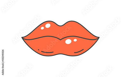 Red glossy female lips sexy kiss lipstick pop art groovy decorative design vector cartoon
