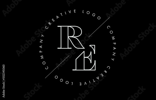 Outline RE r e letter logo with cut and intersected design and  round frame on a black background.