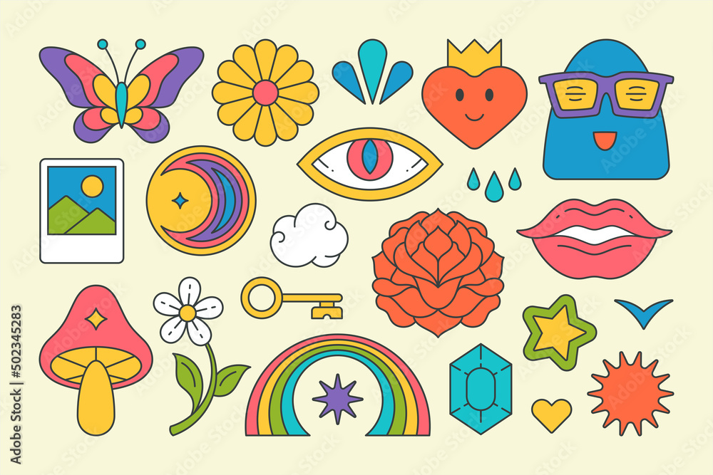 Collection psychedelic contoured elements pop art groovy decorative stickers vector cartoon Collection psychedelic contoured elements pop art groovy decorative stickers vector cartoon