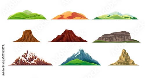 Mountains, valley, sand dunes, hills, volcano, canyon, mountains, cliff mountain peak and hill top. Nature and camping landscape, hiking vector illustration. Outdoor travel, climbing camping travel.