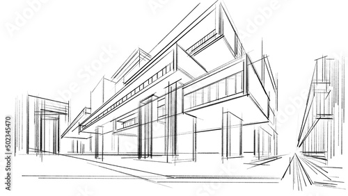 Architectural abstract sketch of a complex of buildings. 