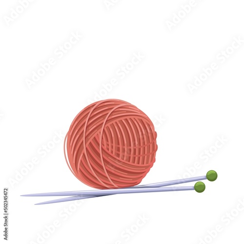 Skein of knitting yarn with knitting needles. Tools female hobby knitwork, handicraft, hand-knitting. Vector illustration.