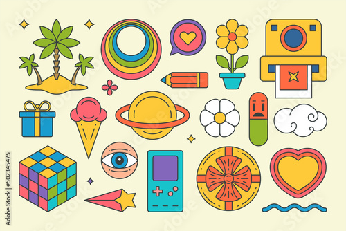 Collection groovy elements island palm trees, rainbow circle, psychedelic pile stickers vector