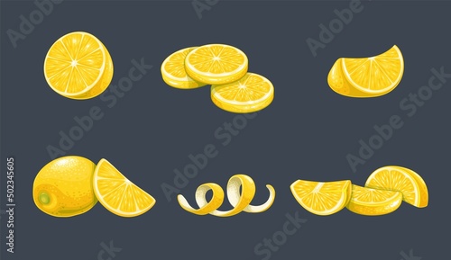 Whole yellow lemon with lemon fruit slice, round slices. Lemon peel spiral. Pieces of lemon citrus fruit, vector illustration.