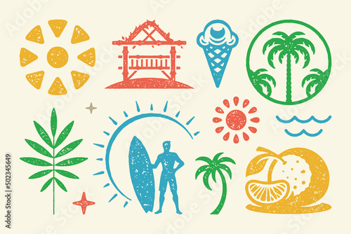 Summer symbols and objects set vector illustration. Orange with slice and palm grove