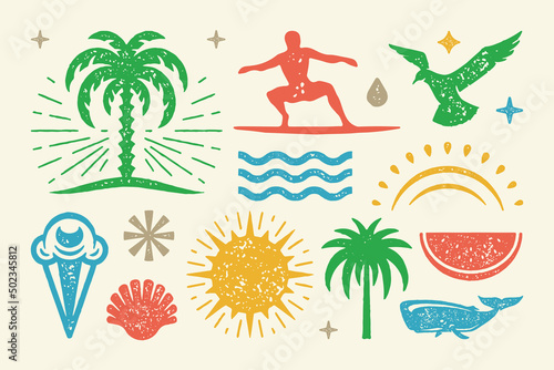 Summer symbols and objects set vector illustration. Cold ice cream cone with watermelon wedge