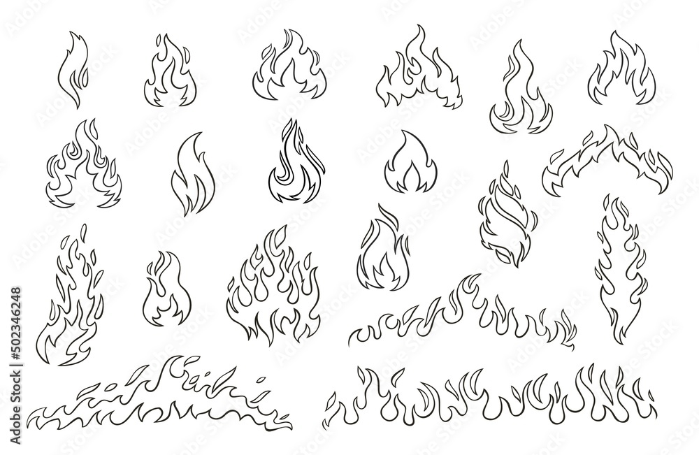 Fire and flames outline icon set. Contour bonfire, linear flaming