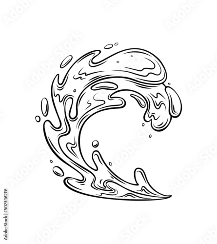 Ocean wave outline. Drawn monochrome sea waves tide splash, splash water motion, with spray, marine surf wave, and sea storm elements, vector illustration in retro style.