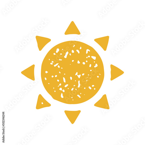 Bright yellow sun grunge texture ornamental circle with triangle arrows beams vector illustration