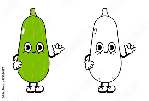 Cute funny vegetable marrow waving hand character outline cartoon illustration coloring book.Vector hand drawn traditional cartoon vintage,retro, vegetable marrow. Isolated background