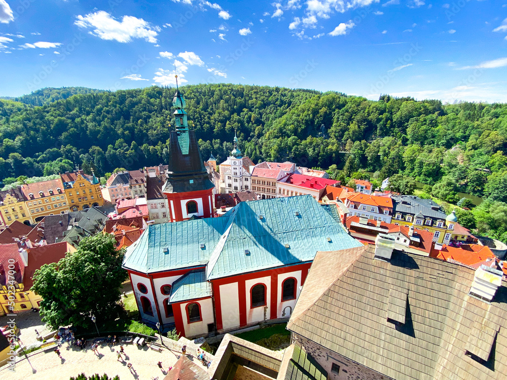 Aerial View on church in small historical city Loket in Czech Republic