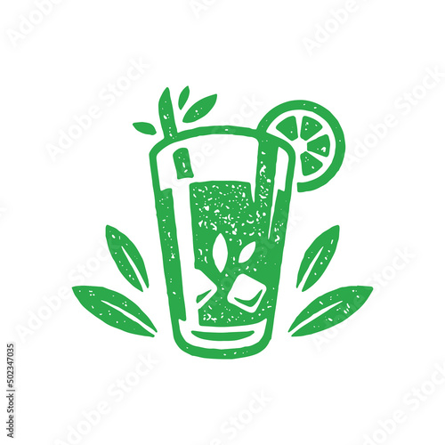 Refreshing summer cocktail in transparent glass with straw, lime slice ice cubes grunge texture